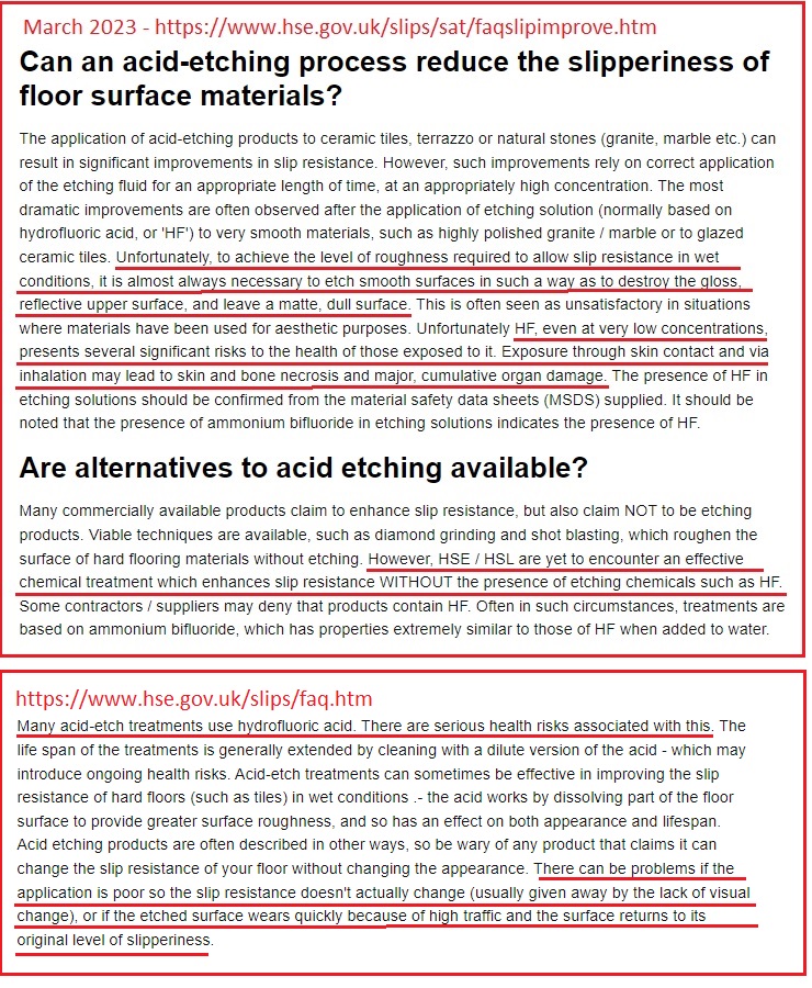Floor Surface Acid Etch for Non-Slip Surfaces is a health risk and damages floors