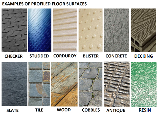 examples of profiled floor surfaces which assist in providing non-slip floor sufaces
